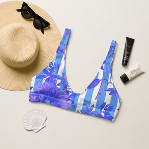 Recycled bikini sports bralette with removable pads with blue stripes and florals
