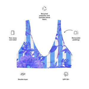 Recycled bikini sports bralette with removable pads with blue stripes and florals