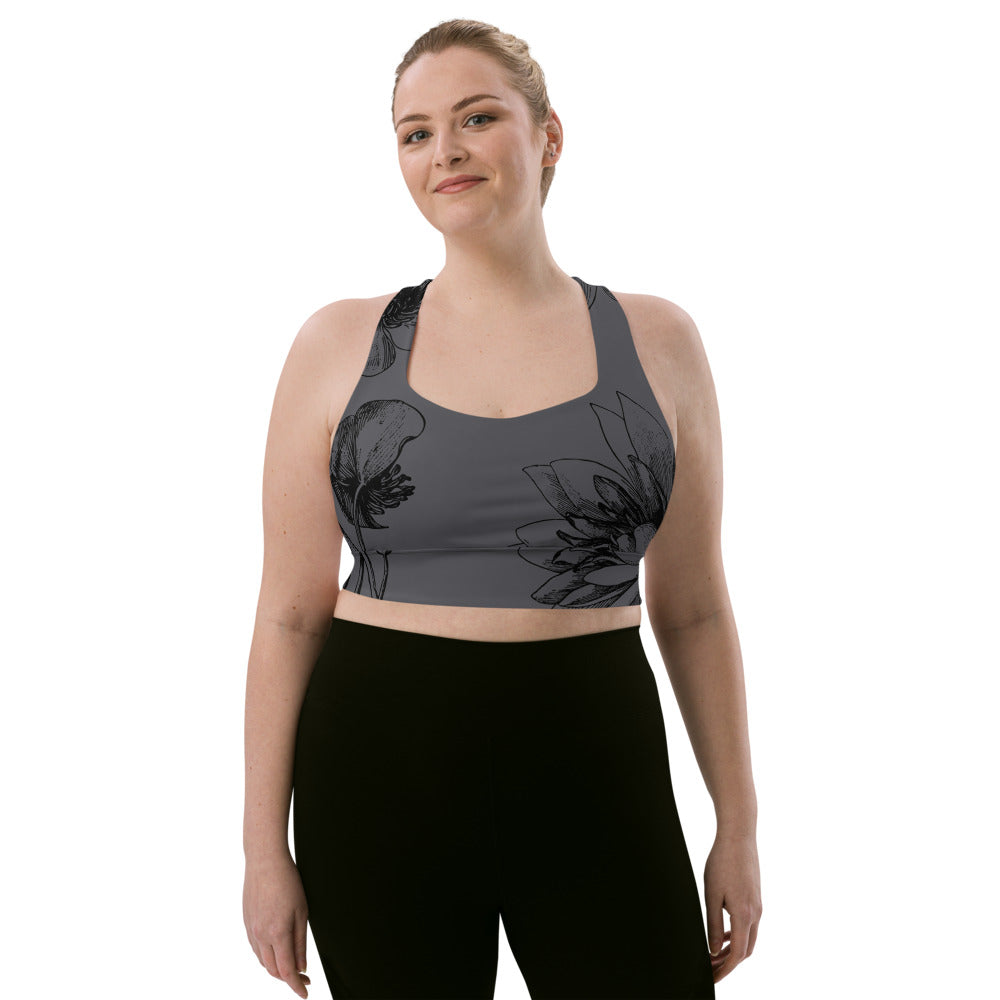 Signature Compression Sports bra featuring black vintage florals against a charcoal background.