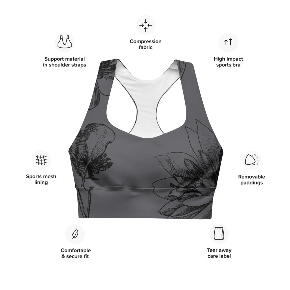 Signature Compression Sports bra featuring black vintage florals against a charcoal background.