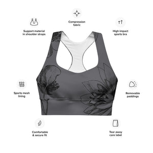 Signature Compression Sports bra featuring black vintage florals against a charcoal background.