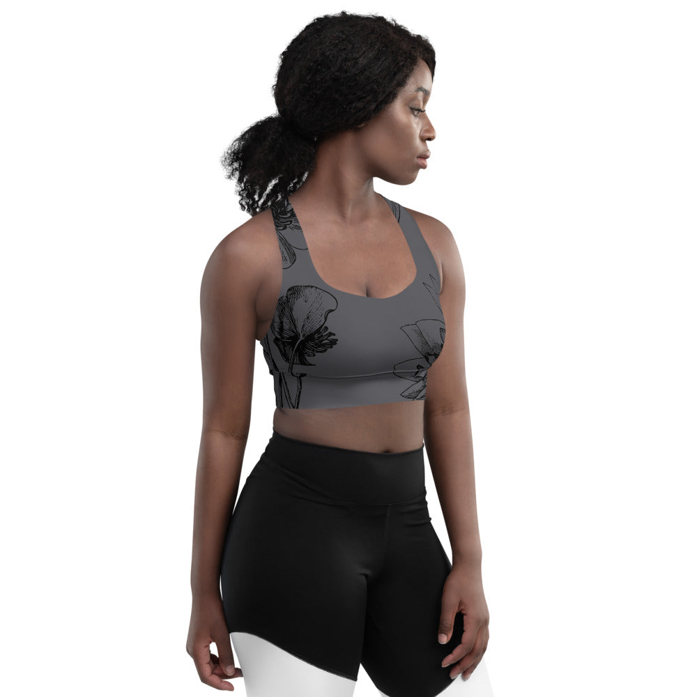 Signature Compression Sports bra featuring black vintage florals against a charcoal background.