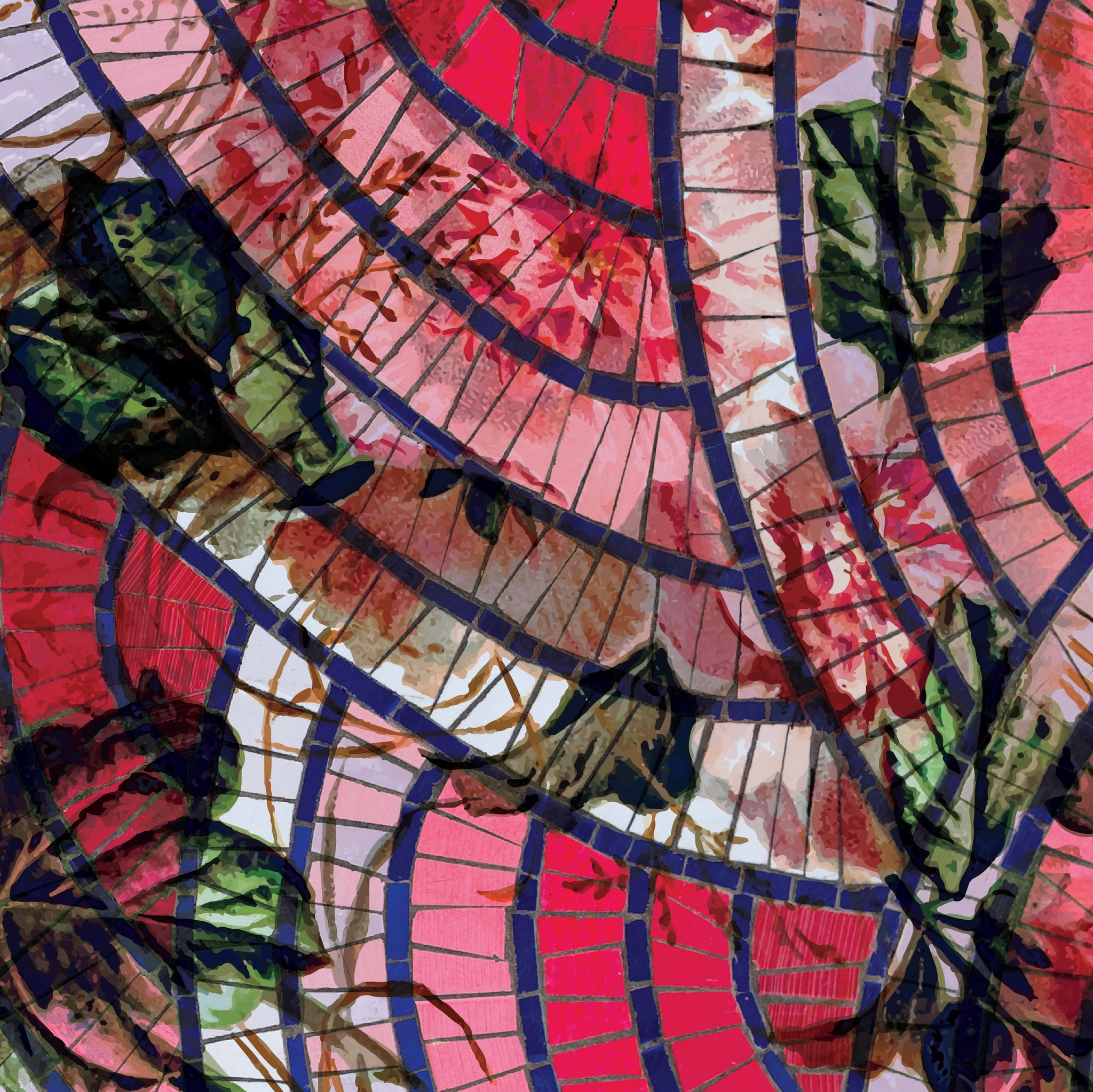 An artistic blend of pink mosaic tiles and vintage botanicals on these compression leggings