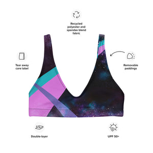 Galaxy imagery with sporty stripes on our signature sports bralette that doubles as a bikini.