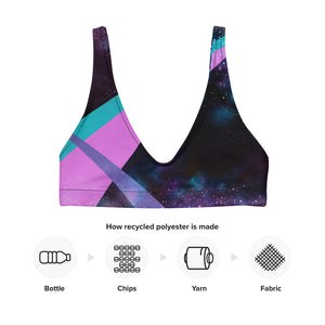 Galaxy imagery with sporty stripes on our signature sports bralette that doubles as a bikini.