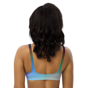 Recycled bikini sports bralette with removable pads in our rainbow geo pattern