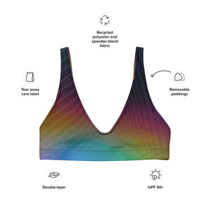 Recycled bikini sports bralette with removable pads in our rainbow geo pattern