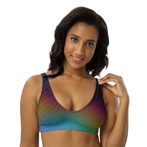 Recycled bikini sports bralette with removable pads in our rainbow geo pattern