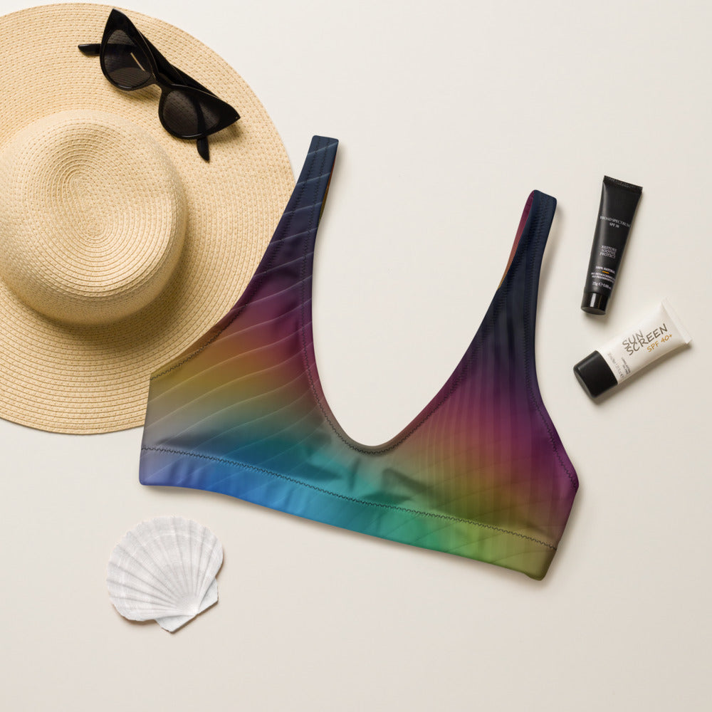 Recycled bikini sports bralette with removable pads in our rainbow geo pattern