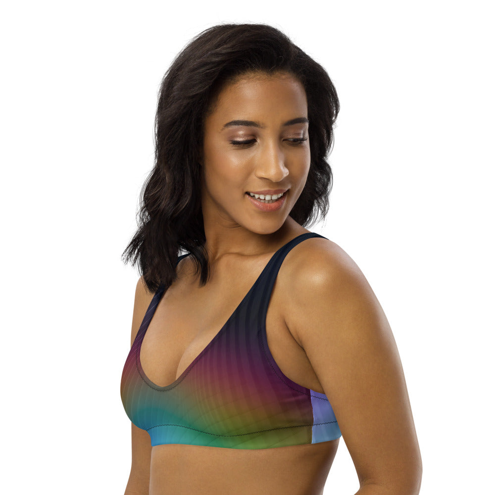 Recycled bikini sports bralette with removable pads in our rainbow geo pattern