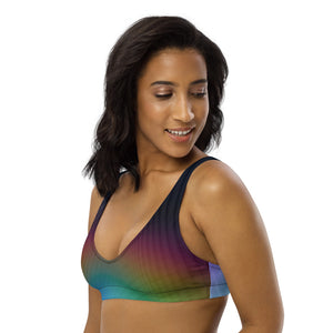 Recycled bikini sports bralette with removable pads in our rainbow geo pattern