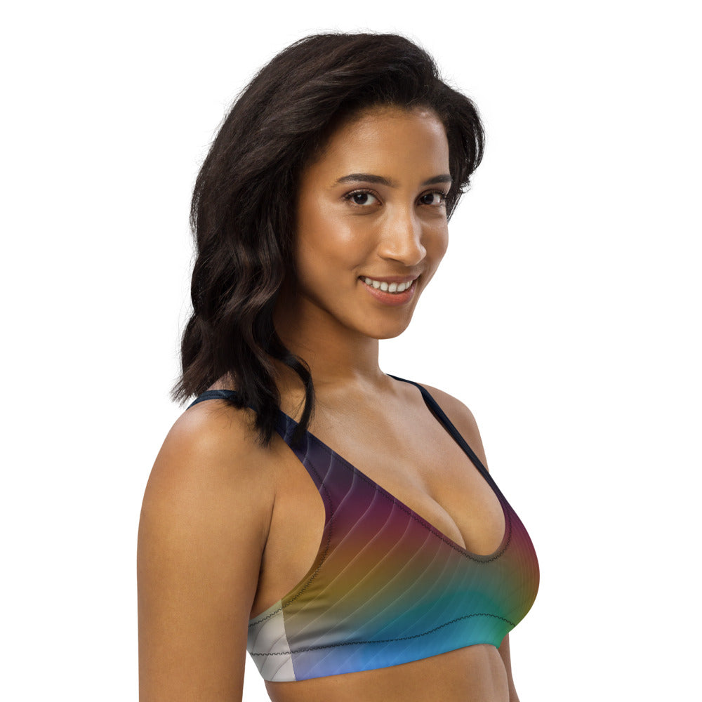 Recycled bikini sports bralette with removable pads in our rainbow geo pattern