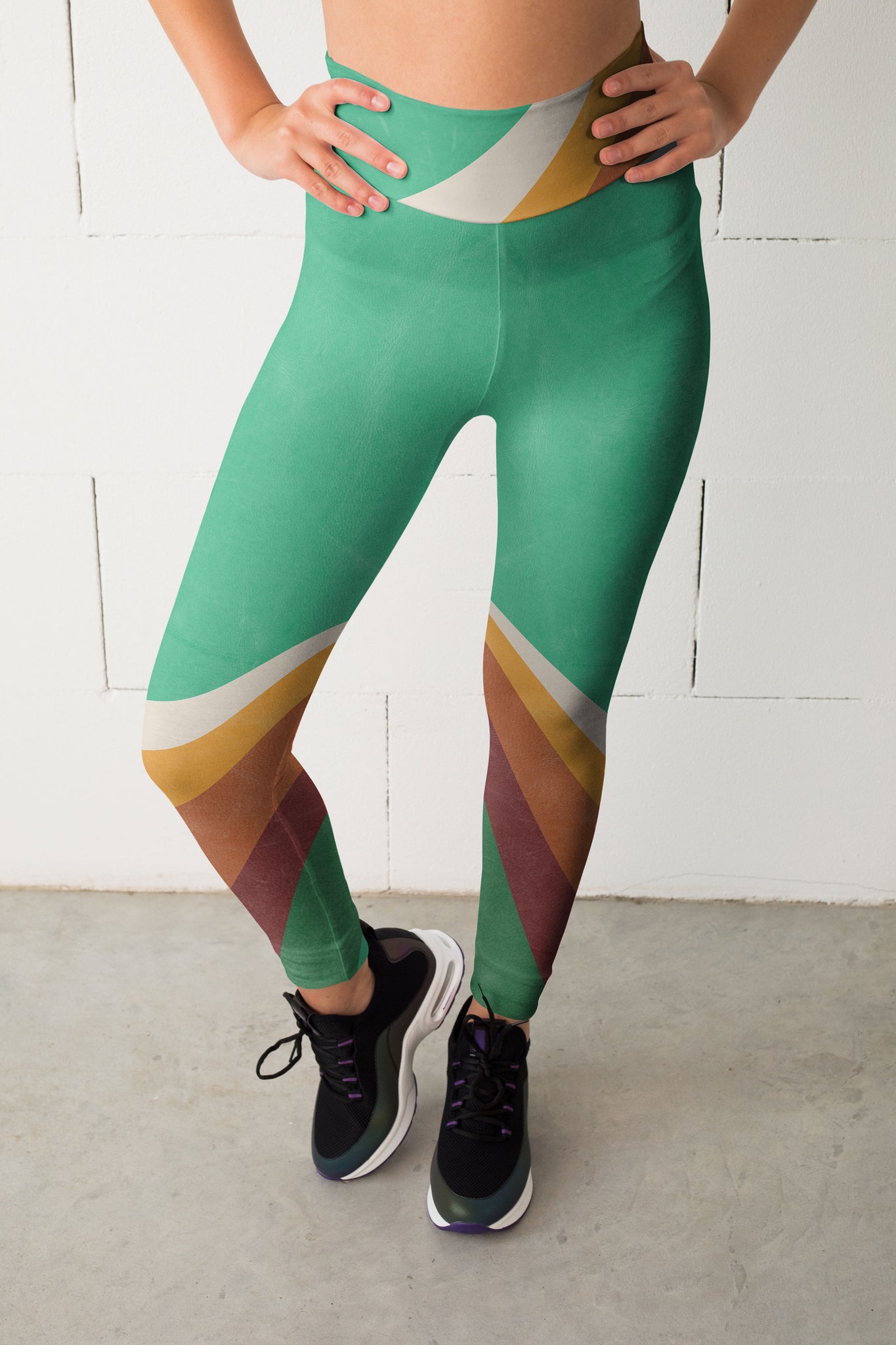 color block leggings in retro shades of green and brow