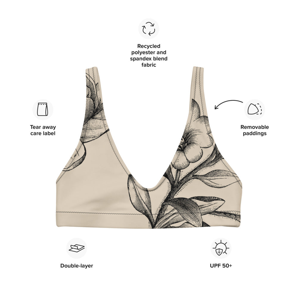 Our signature sports bralette featuring black vintage florals against an ivory backdrop.
