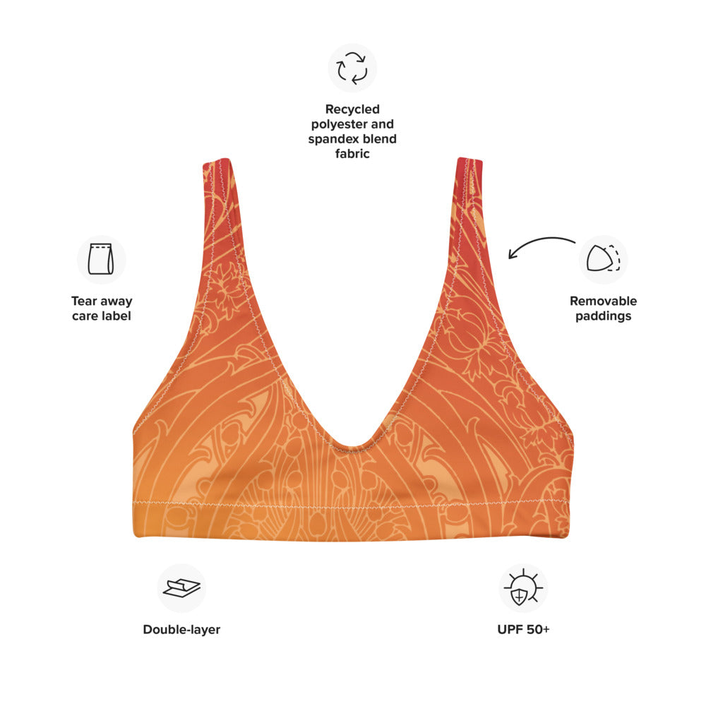 A gorgeous art deco print in an orange ombre color palette on this sports bralette.