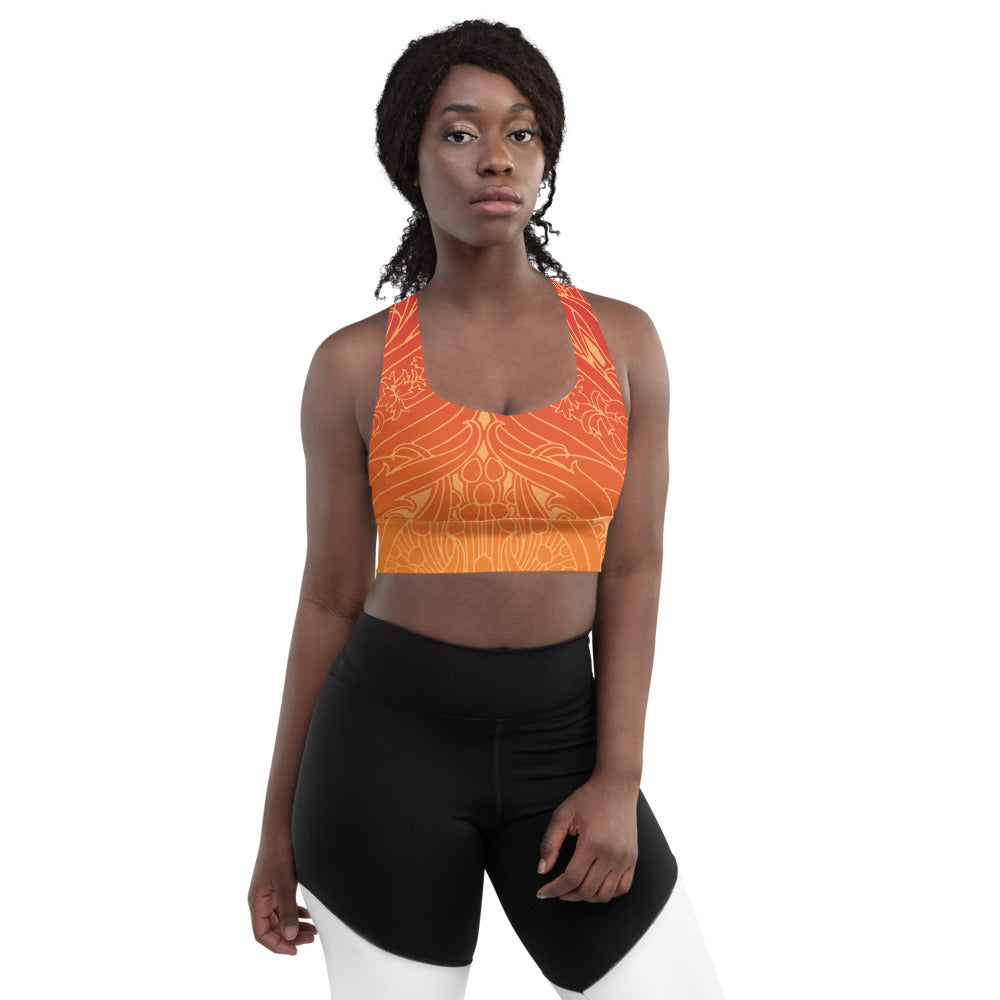 Orange ombre art deco print on our signature sports bra.