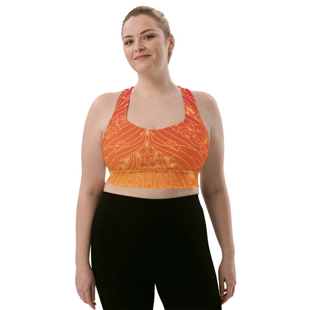 Orange ombre art deco print on our signature sports bra.