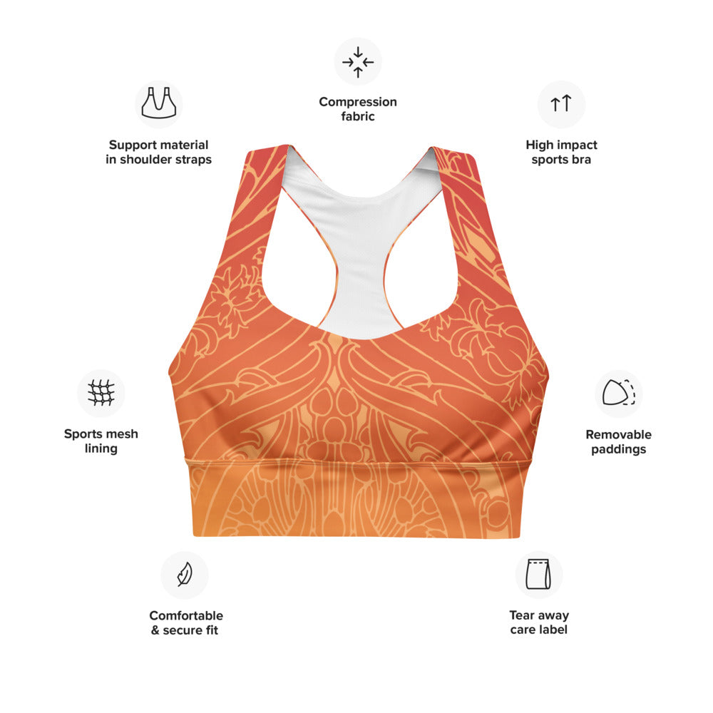 Orange ombre art deco print on our signature sports bra.