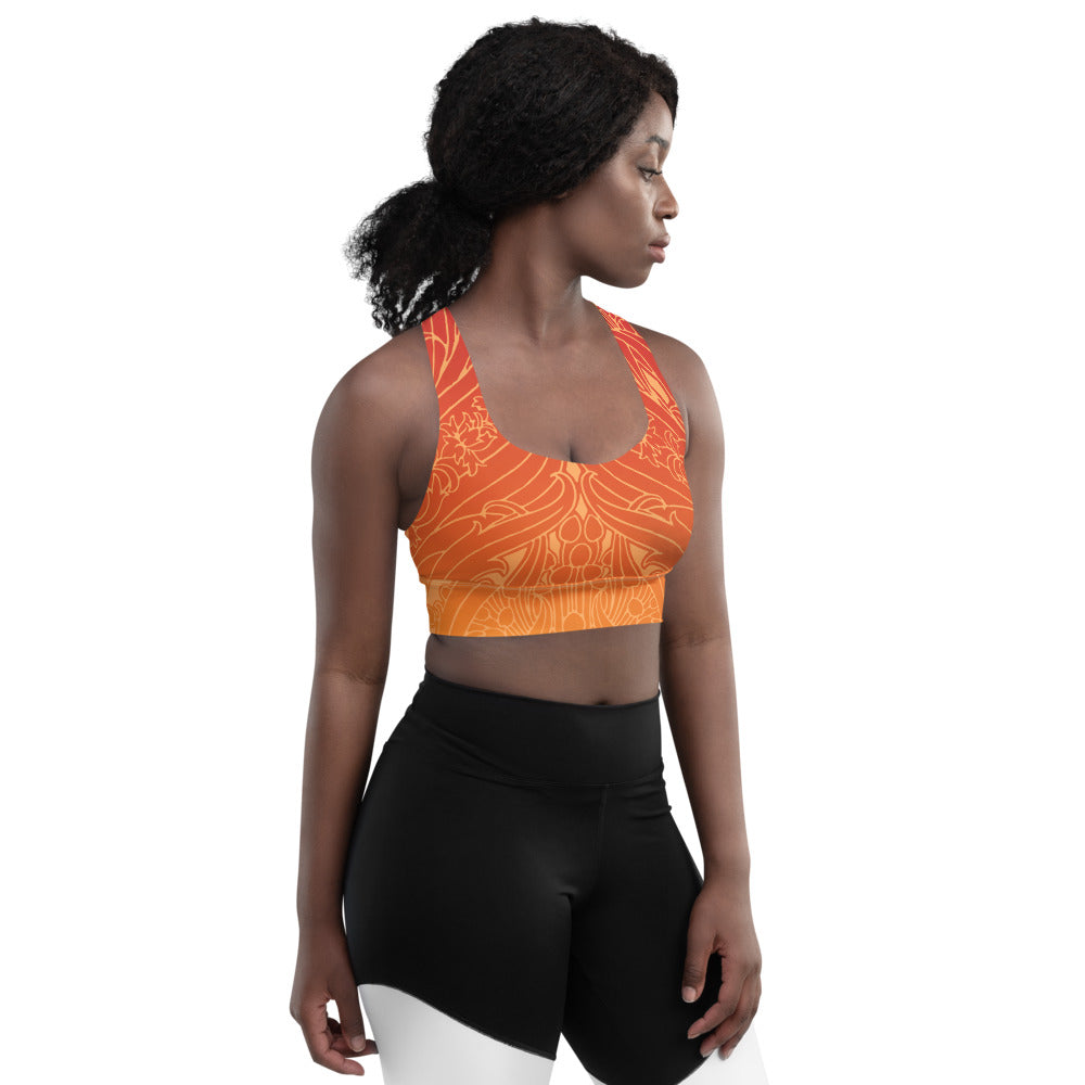 Orange ombre art deco print on our signature sports bra.