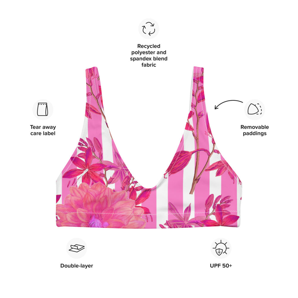 Recycled bikini sports bralette with removable pads with pink stripes and florals