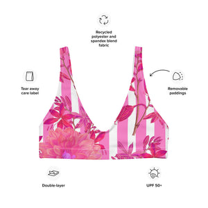 Recycled bikini sports bralette with removable pads with pink stripes and florals