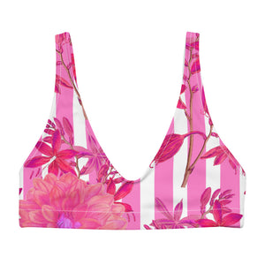Recycled bikini sports bralette with removable pads with pink stripes and florals