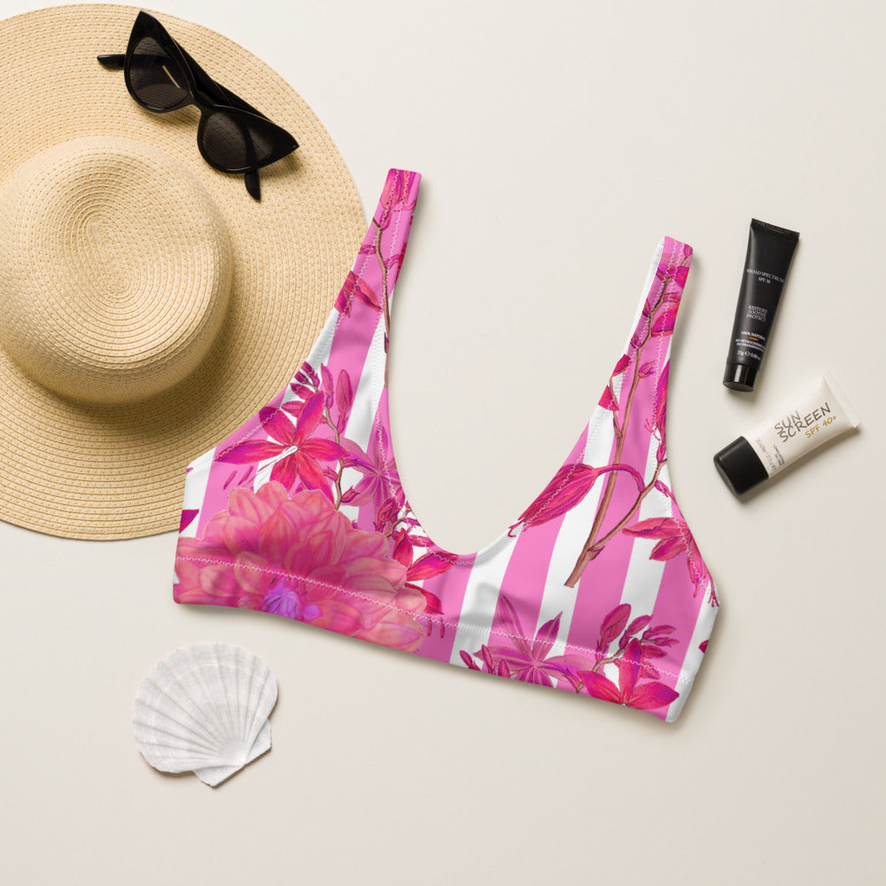 Recycled bikini sports bralette with removable pads with pink stripes and florals