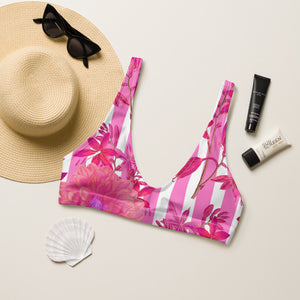 Recycled bikini sports bralette with removable pads with pink stripes and florals