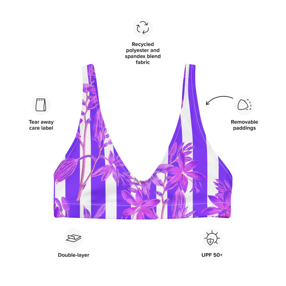 Recycled bikini sports bralette with removable pads with purple stripes and florals