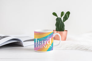 rainbow color blocking with the empowering saying "I can do hard things" on this coffee mug