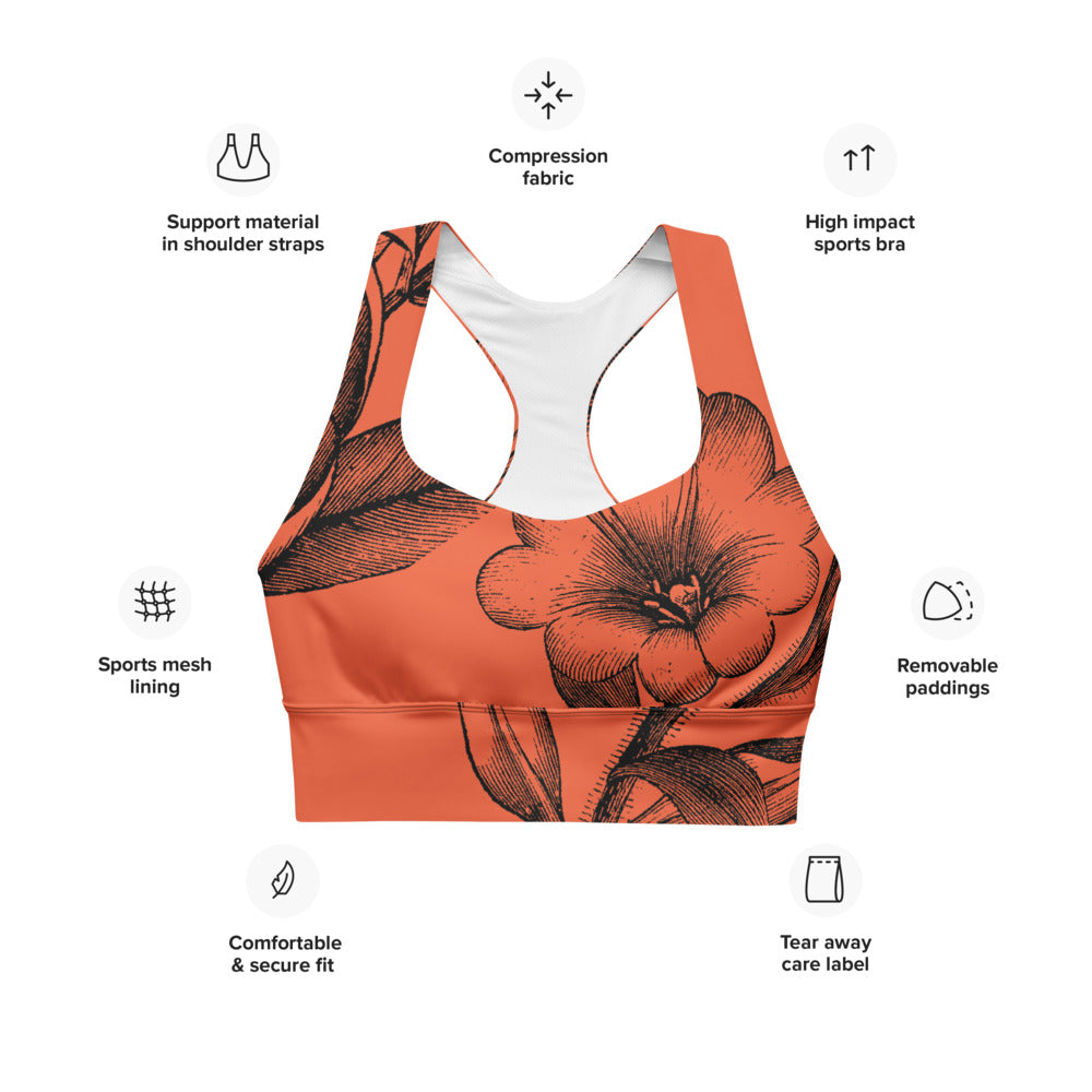 Signature sports bra with extra support featuring black vintage florals against a red background.
