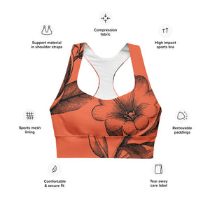 Signature sports bra with extra support featuring black vintage florals against a red background.
