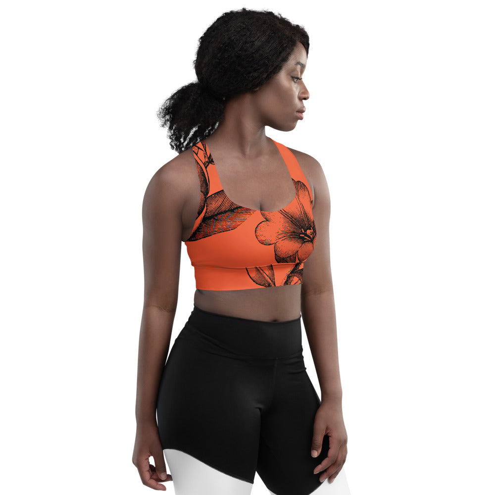 Signature sports bra with extra support featuring black vintage florals against a red background.