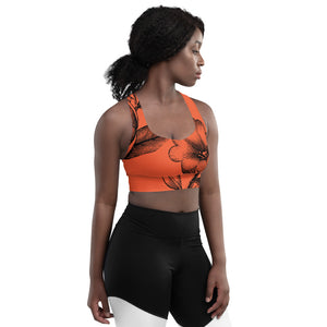 Signature sports bra with extra support featuring black vintage florals against a red background.
