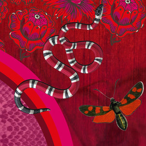 Billows of red clouds set amidst pink snakeskin, dusted with snakes and red butterflies on these capri length leggings