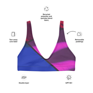 Color block print in vibrant pink, blue and red adorn this sports bralette.