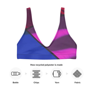 Color block print in vibrant pink, blue and red adorn this sports bralette.