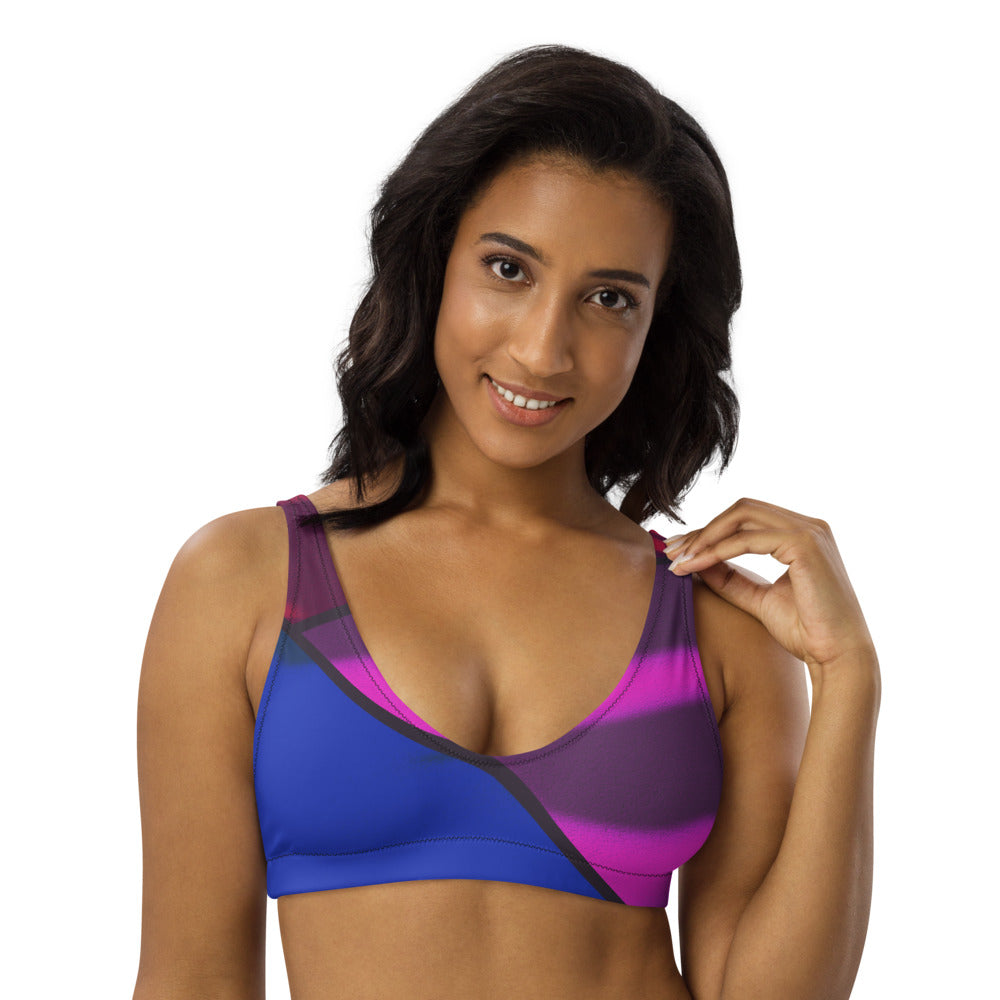 Color block print in vibrant pink, blue and red adorn this sports bralette.