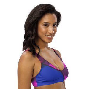 Color block print in vibrant pink, blue and red adorn this sports bralette.