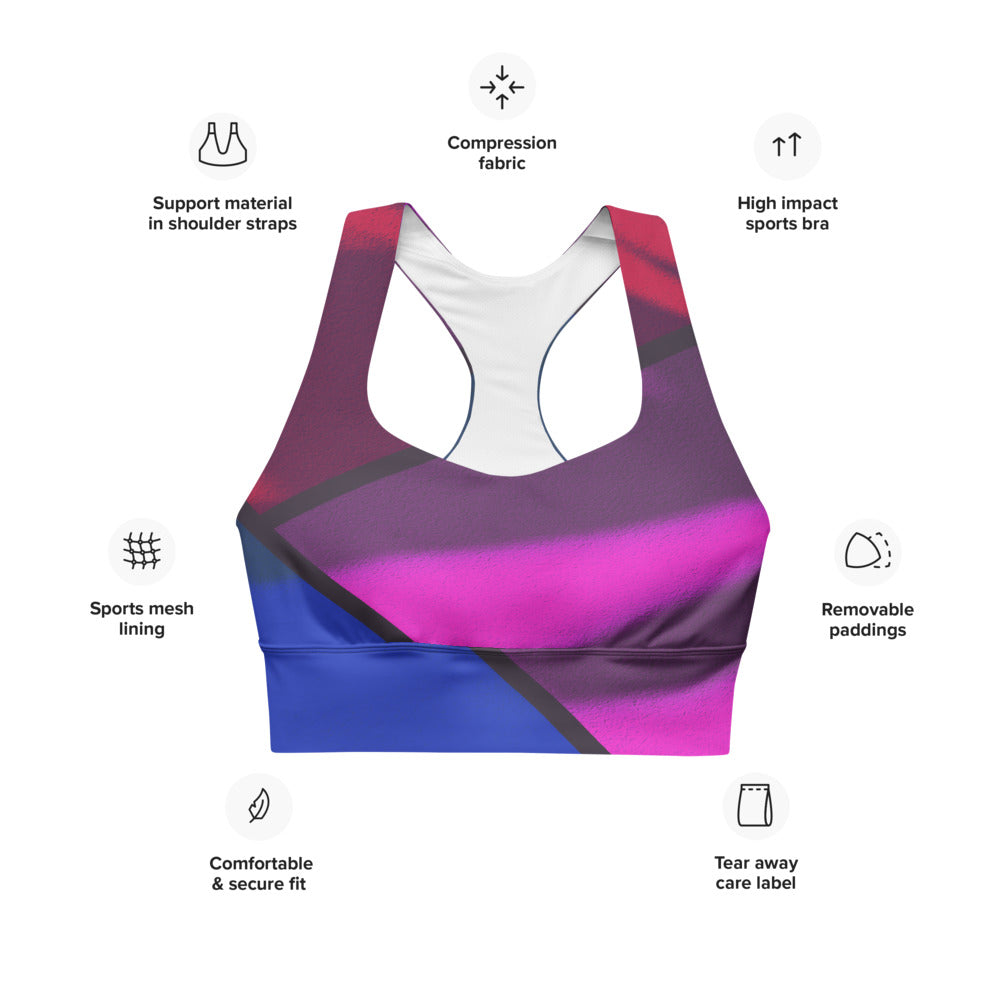 Color block print in vibrant pink, blue and red adorn this sports bra.