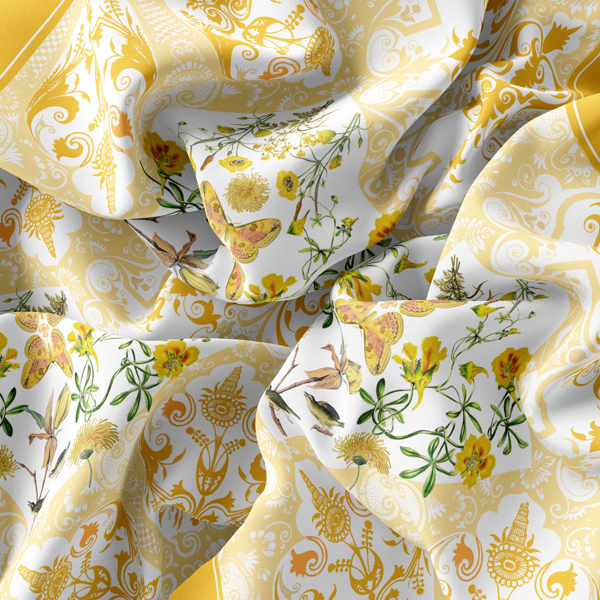 Florals and vintage yellow ornaments adorn this 100% silk charmeuse scarf.