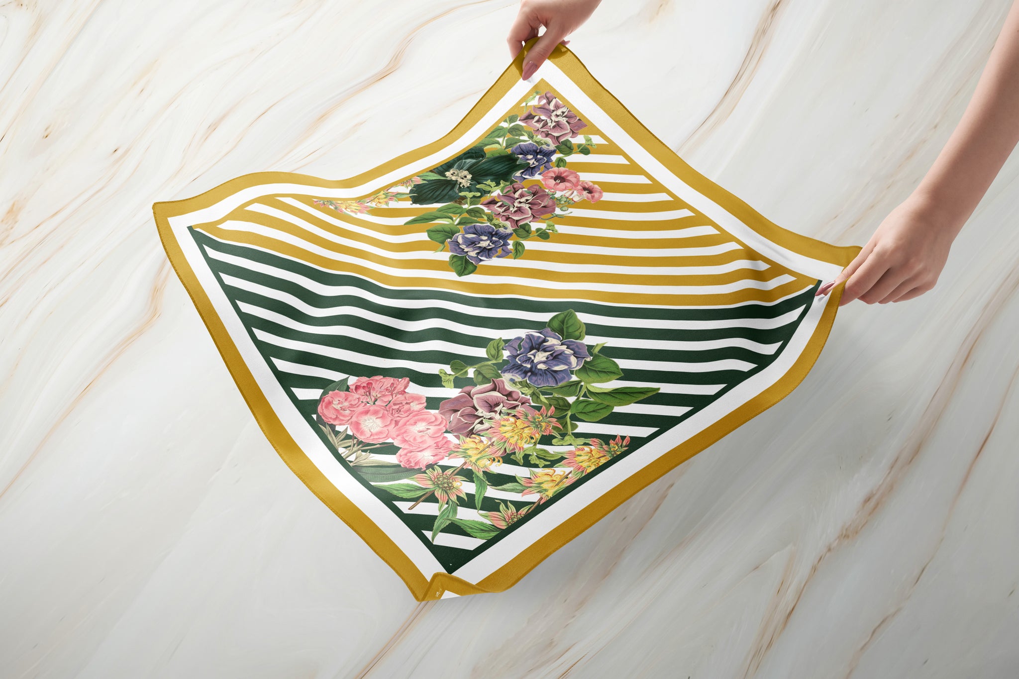 Yellow and Green stripes with colorful botanicals adorn this 100% silk charmeuse scarf.