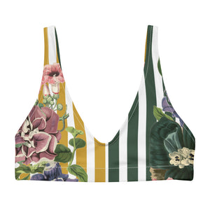 Green and Yellow stripes with beautiful botanicals adorn our signature sports bralette.