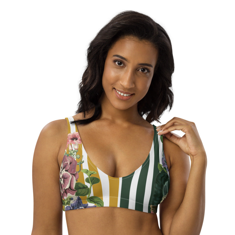 Green and Yellow stripes with beautiful botanicals adorn our signature sports bralette.