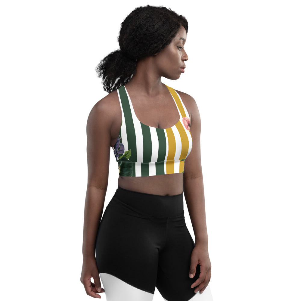 Signature compression sports bra featuring yellow and green stripes and vintage florals.