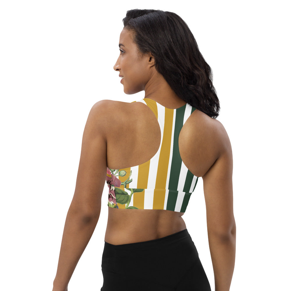 Signature compression sports bra featuring yellow and green stripes and vintage florals.