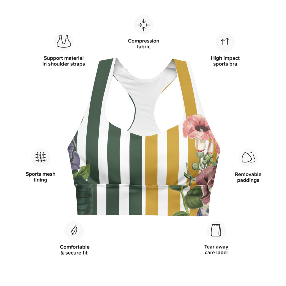 Signature compression sports bra featuring yellow and green stripes and vintage florals.