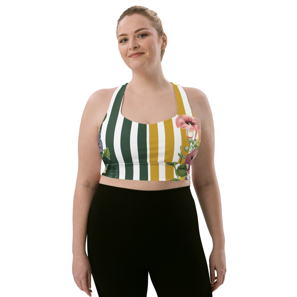 Signature compression sports bra featuring yellow and green stripes and vintage florals.