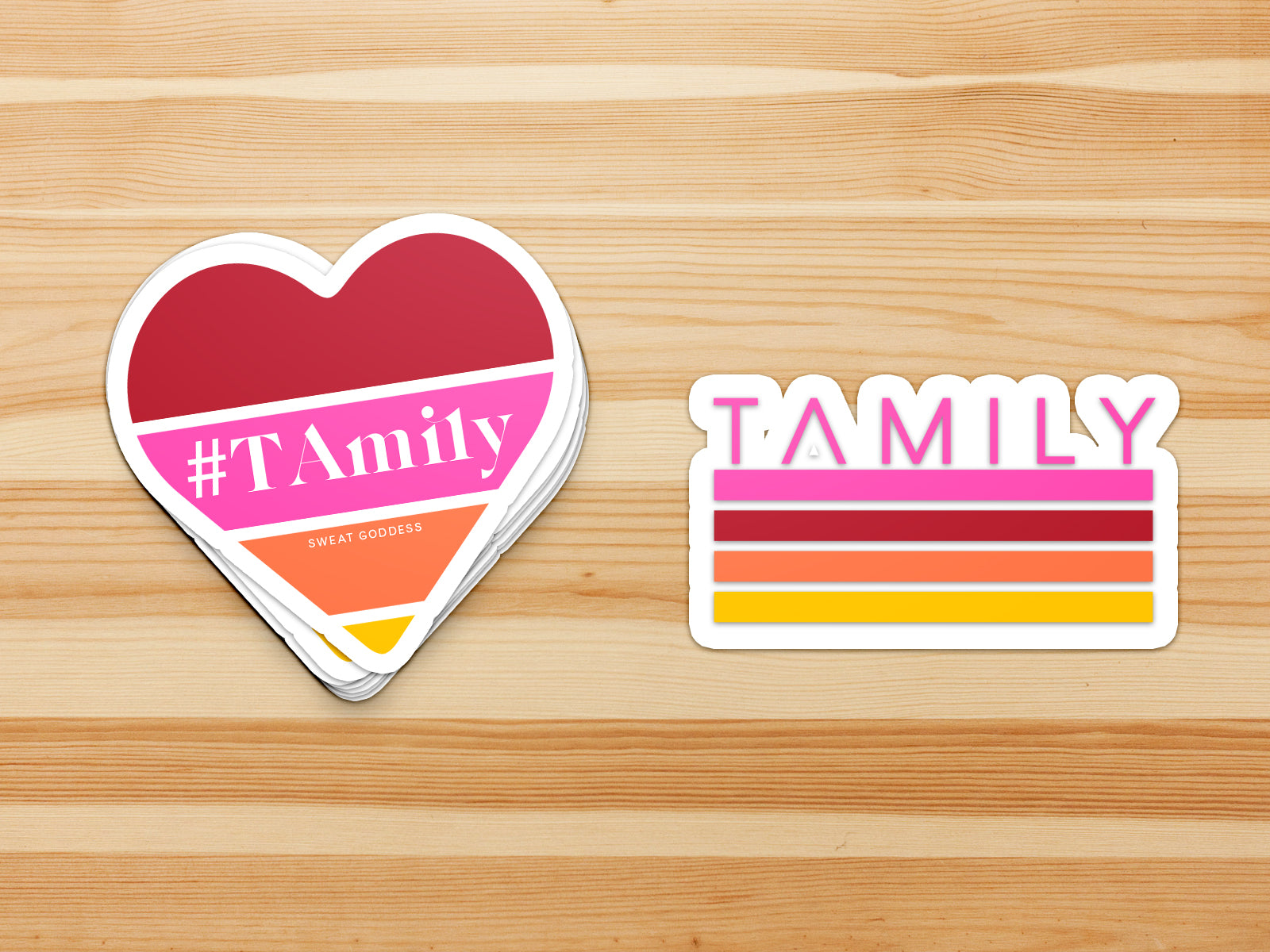 A set of 2 waterproof vinyl stickers, a heart and a stripes design with the word "Tamily"