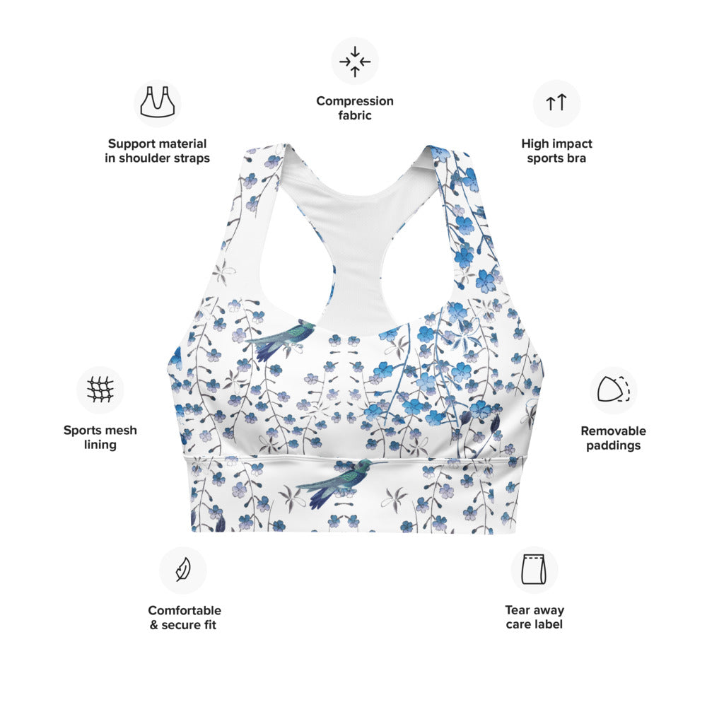 Our signature sports bra featuring tiny florals and hummingbirds